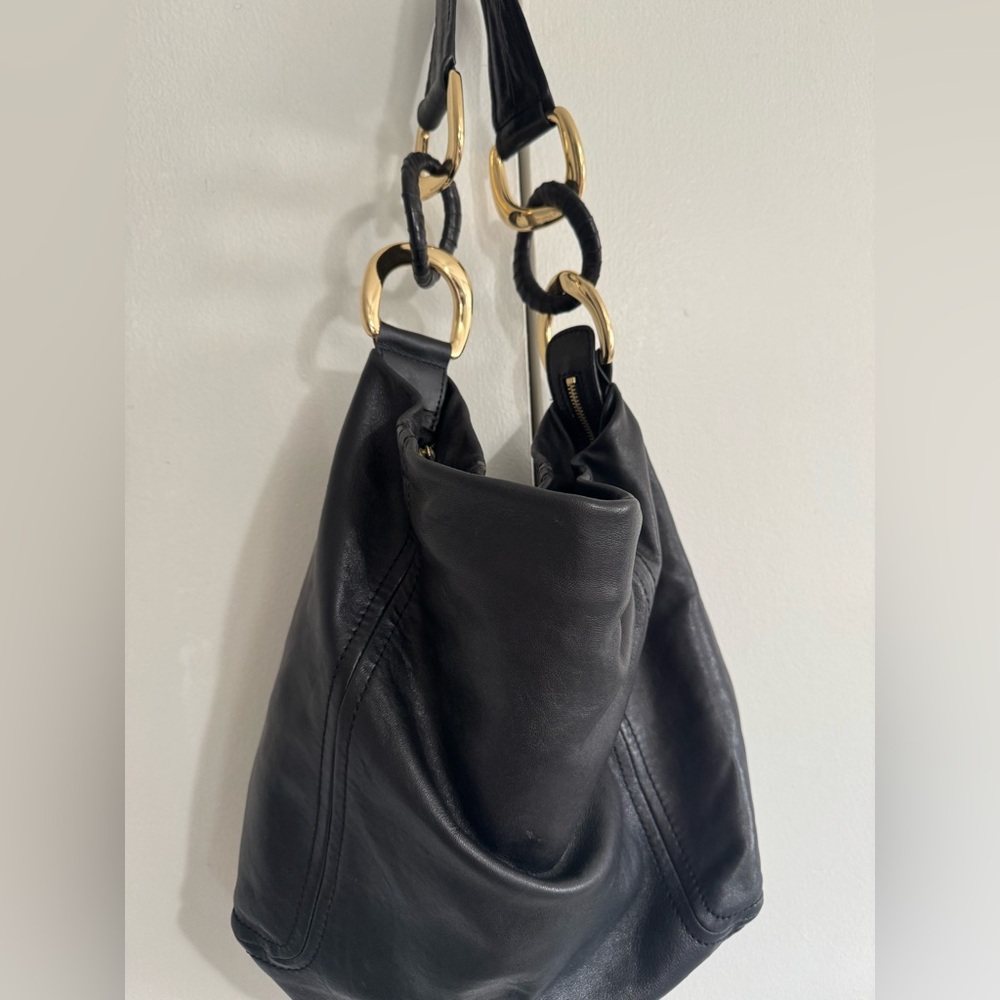 Michael Kors Black Leather Shoulder Bag with Gold Accents